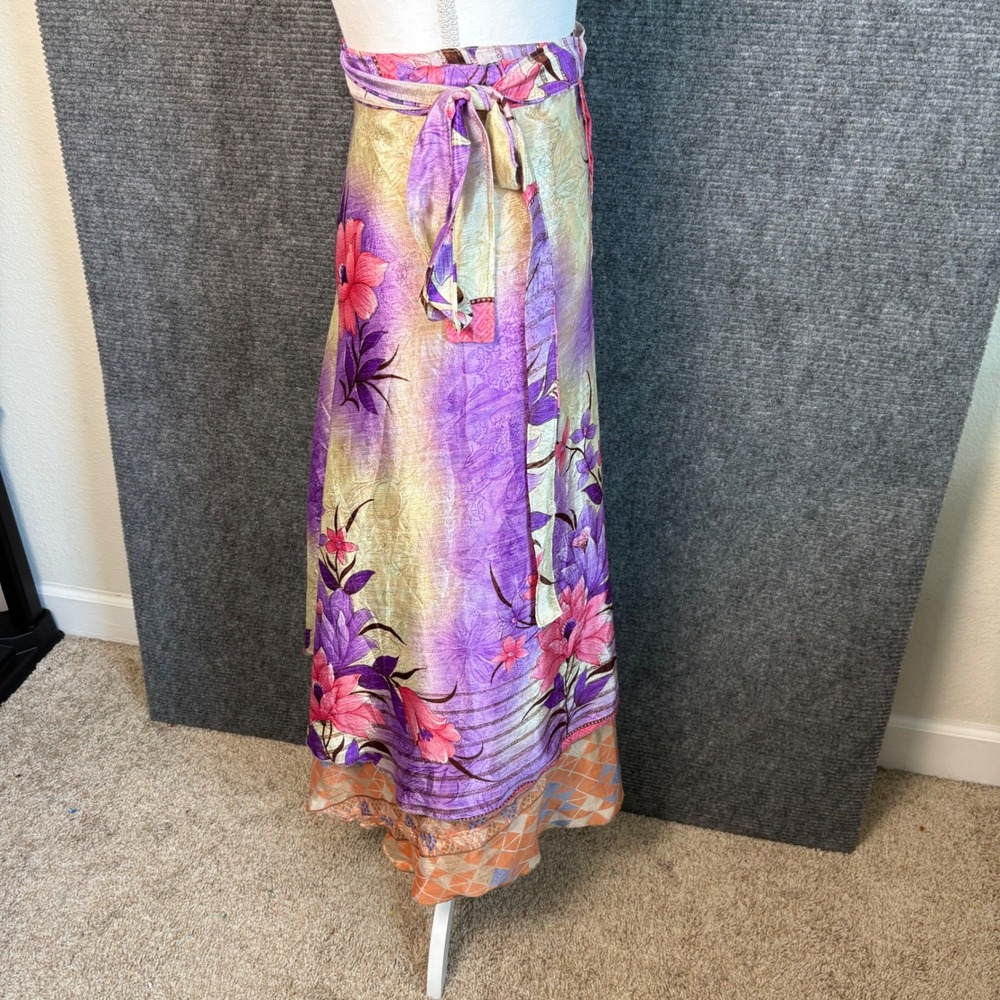 Maple Clothing Silk Blend Wrap Maxi Skirt Floral Boho Festival Purple One Size - Picture 2 of 4